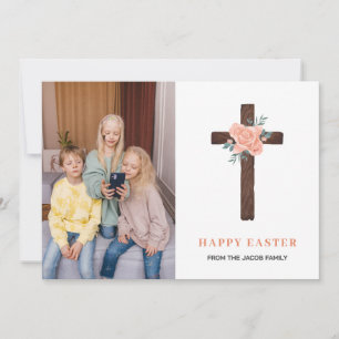 elegant modern Floral Cross Easter family photo Holiday Card