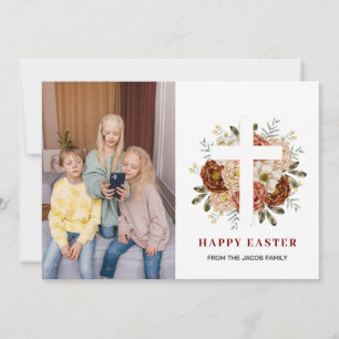 elegant modern Floral Cross Easter family photo Holiday Card