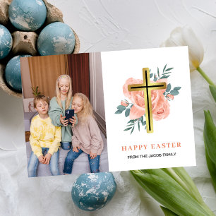 elegant modern Floral Cross Easter family photo Holiday Card