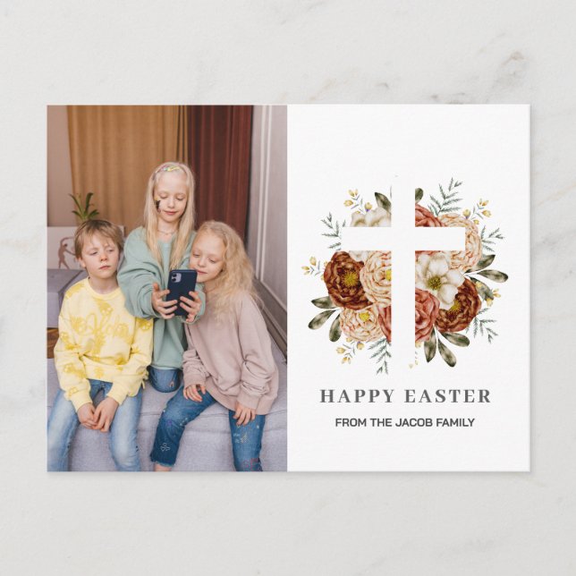 elegant modern Floral Cross Easter family photo Holiday Postcard (Front)