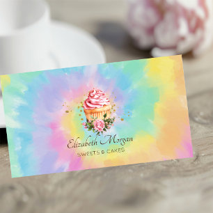 Elegant Modern Floral Cupcake Tie Dye Bakery Business Card