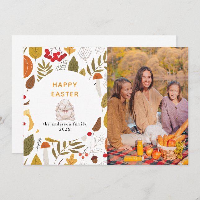 Elegant Modern Floral & Eggs Happy Easter Photo Holiday Card (Front/Back)