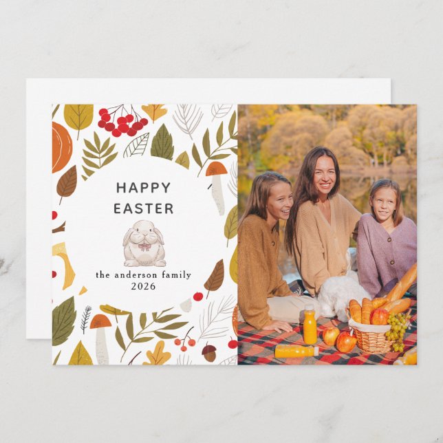 Elegant Modern Floral & Eggs Happy Easter Photo Holiday Card (Front/Back)
