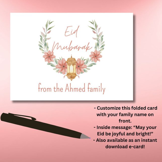 Elegant Modern Floral Eid Mubarak Name Pink White Card (A fresh, modern minimal look for Eid. Send this elegant "Eid Mubarak" greeting to friends + family!)