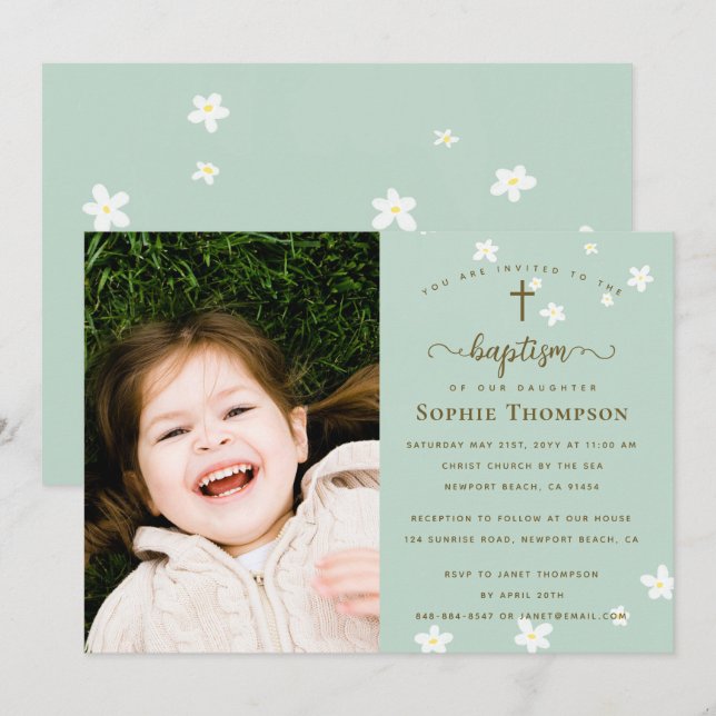 Elegant Modern Floral Girl Religious Baptism Photo Invitation (Front/Back)
