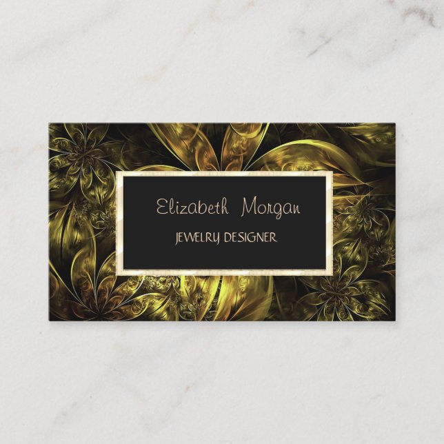 Elegant Modern Floral, Gold Frame Jewellery Design Business Card (Front)