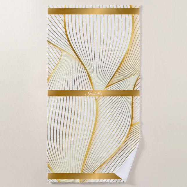 Elegant Modern Floral Gold White Line Collection Beach Towel (Front)