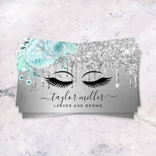Elegant modern floral mint green silver eyelashes  business card
