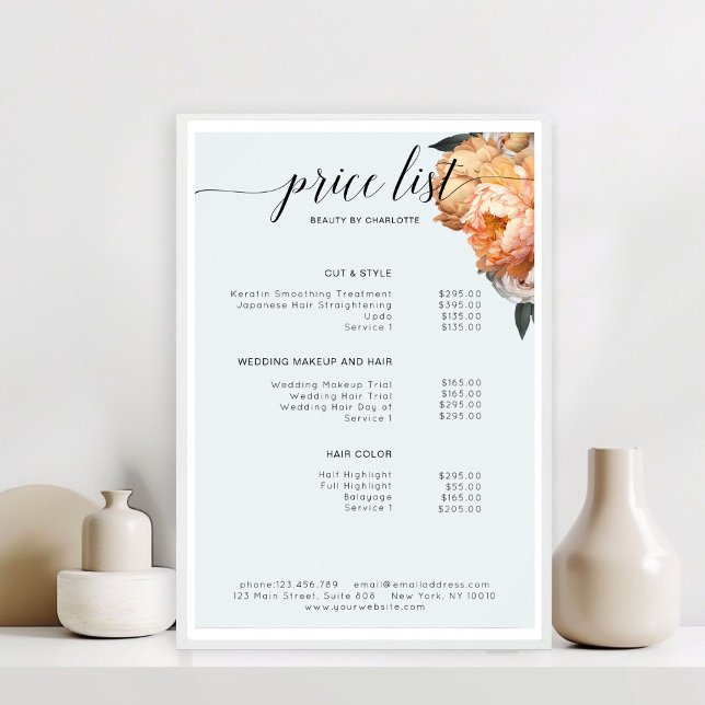 Elegant, Modern, Floral Peony Price List  Poster (Elegant, Modern, Floral Peony Price List )