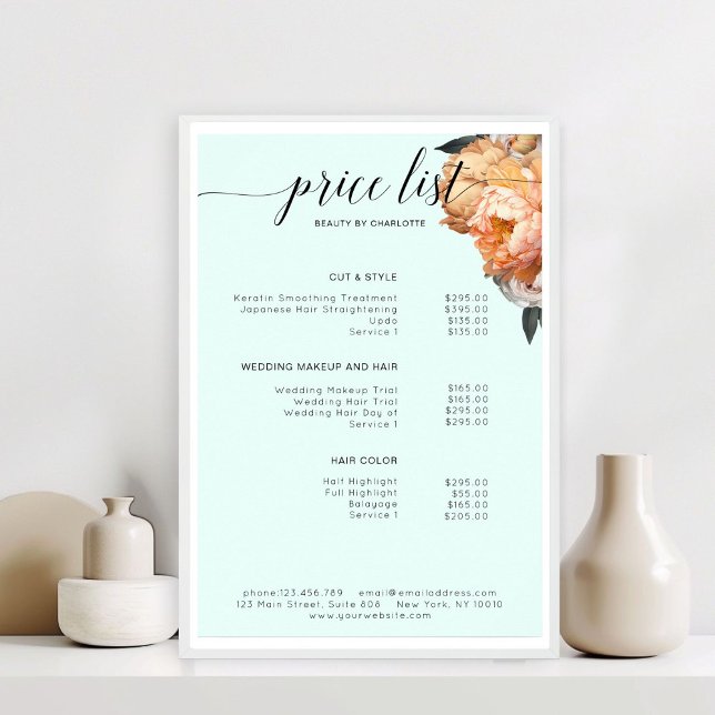 Elegant, Modern, Floral Peony Price List  Poster (Elegant, Modern, Floral Peony Price List )