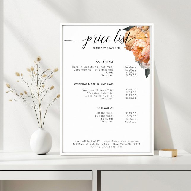 Elegant, Modern, Floral Peony price list Poster (Elegant, Modern, Floral Peony price list Poster)