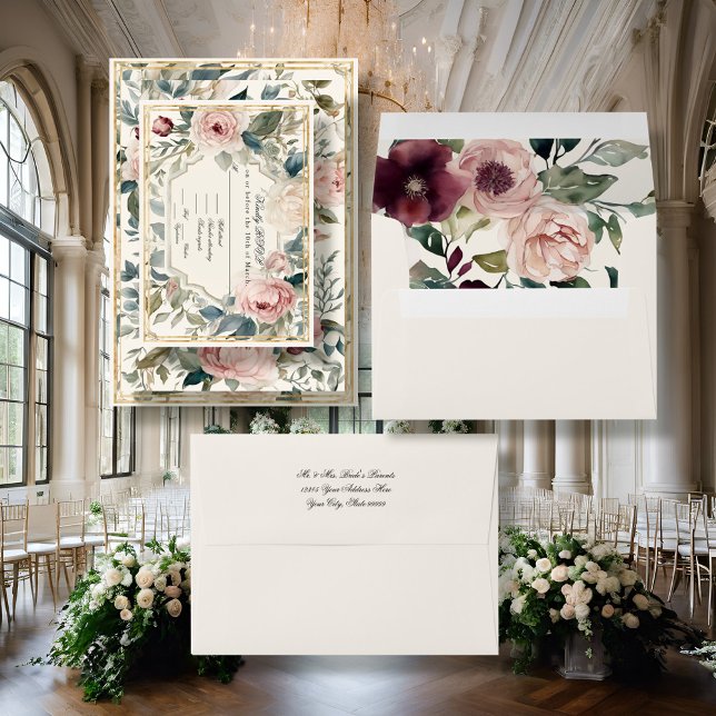 Elegant Modern Floral Pink Wine Classic Wedding  Envelope (Creator Uploaded)
