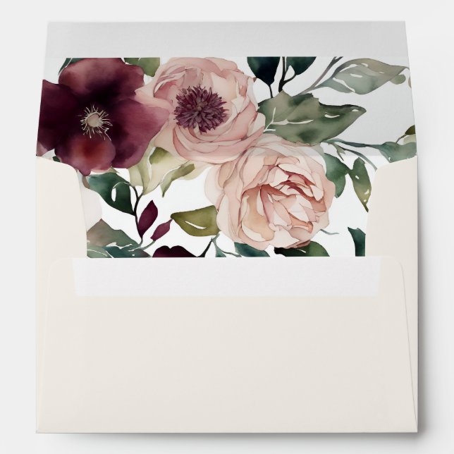 Elegant Modern Floral Pink Wine Classic Wedding  Envelope (Back (Bottom))