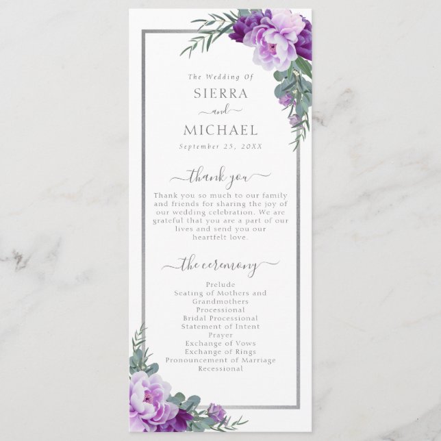 Elegant Modern Floral Purple & Silver Wedding Programme (Front)
