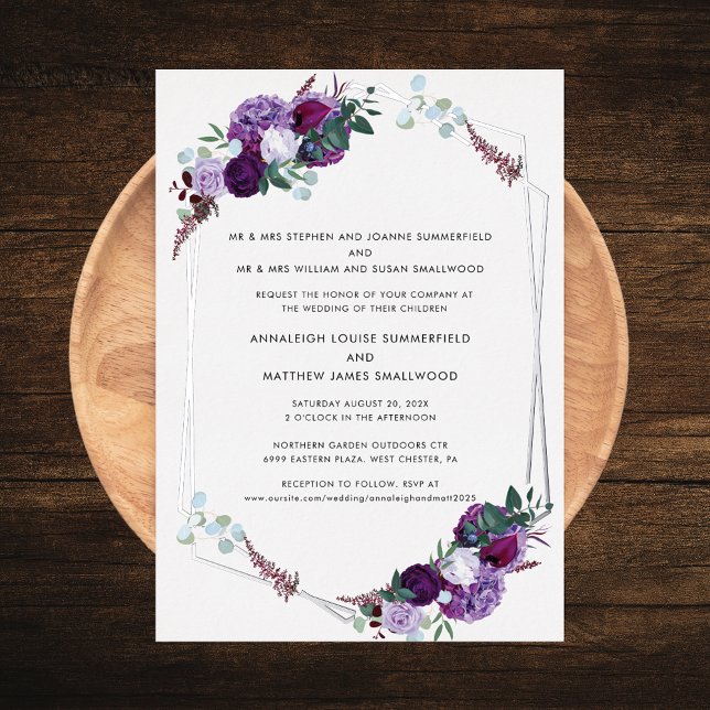 Elegant Modern Floral Purple Wedding Silver (Purple Floral Silver Foil Geometric Parents Names Wedding Invitation)