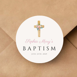 Elegant Modern Floral Religious Cross Baptism Classic Round Sticker