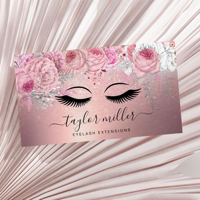 Elegant modern floral rose gold glitter eyelashes  business card (Creator Uploaded)