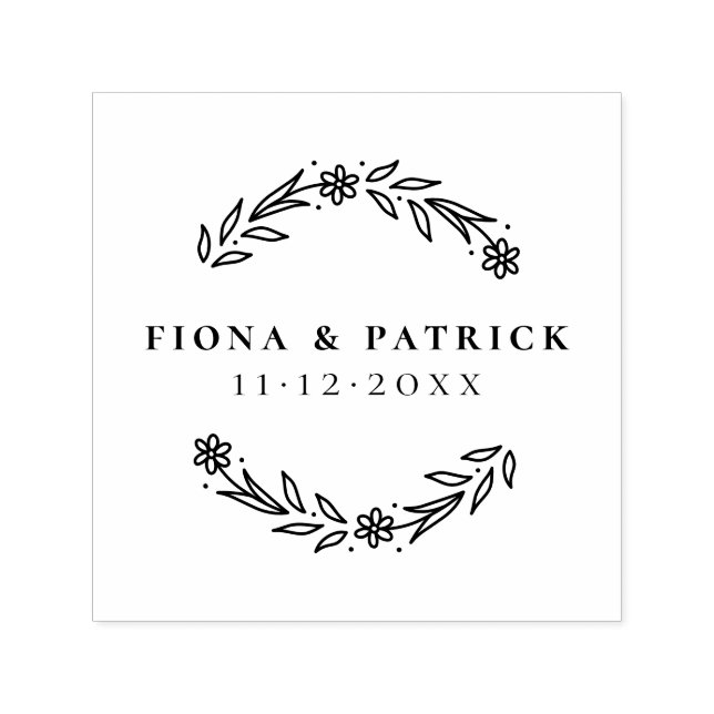 Elegant Modern Floral Wreath Names & Wedding Date Self-inking Stamp (Design)