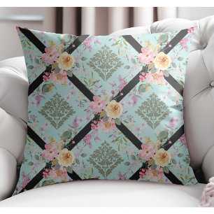 Elegant Modern Flowers and Floral Damask Blue Cushion