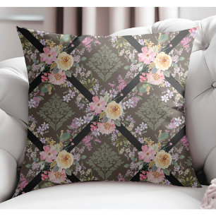 Elegant Modern Flowers and Floral Damask Brown Cushion