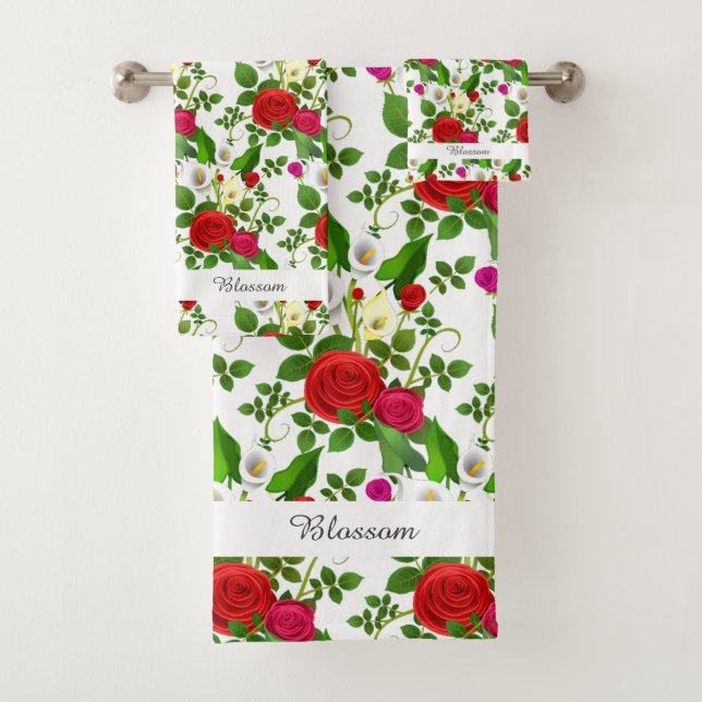 Elegant Modern Flowers and Script on White Bath Towel Set (Insitu)