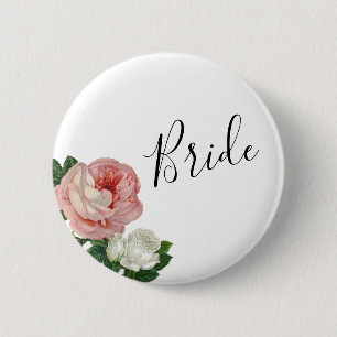 Elegant & modern flowers pink roses bride 6 cm round badge