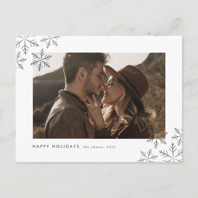 Elegant Modern Foil Snowflakes Photo Holiday Postcard (Front)