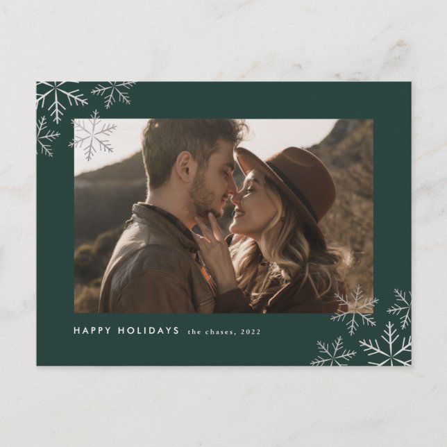 Elegant Modern Foil Snowflakes Photo Holiday Postcard (Front)