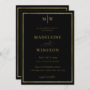 Elegant Modern Formal Initials Black Gold Wedding Invitation