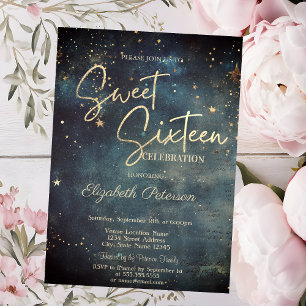 Elegant Modern Galaxy Stars Blue Sweet 16 Invitation