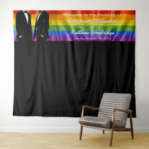 Elegant Modern Gay Men Rainbow Wedding Backdrop Tapestry