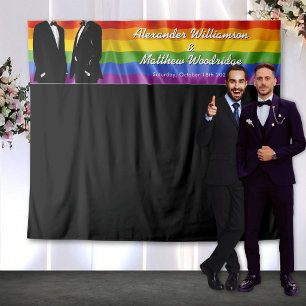 Elegant Modern Gay Men Rainbow Wedding Backdrop Tapestry