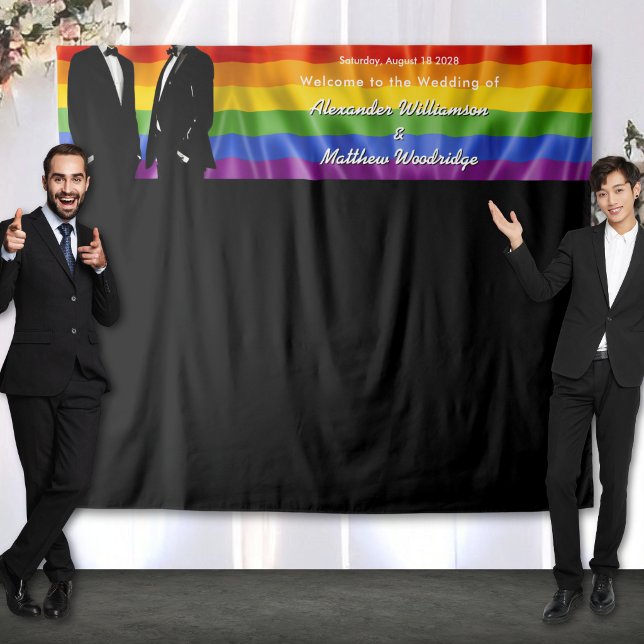 Elegant Modern Gay Men Rainbow Wedding Backdrop Tapestry (Creator Uploaded)