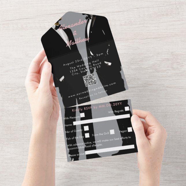 Elegant Modern Gay Men Wedding All In One Invitation (Tearaway)