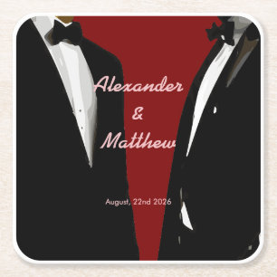 Elegant Modern Gay Men Wedding Black Tuxedo Red Square Paper Coaster