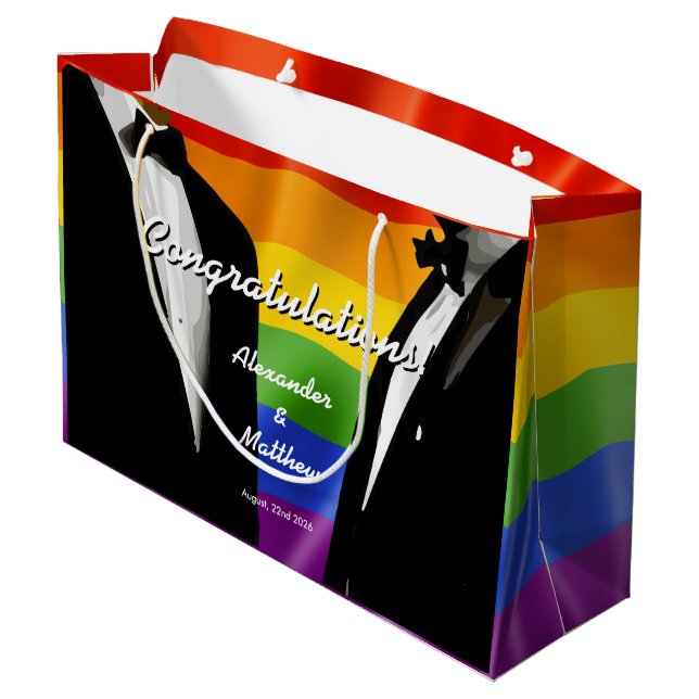 Elegant Modern Gay Men Wedding Rainbow Large Gift Bag (Back Angled)
