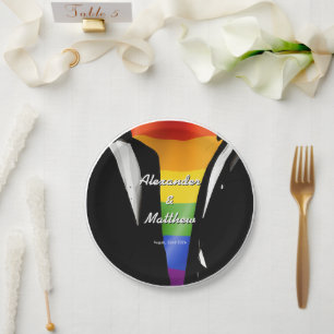 Elegant Modern Gay Men Wedding Rainbow Paper Plate