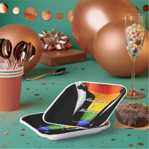 Elegant Modern Gay Men Wedding Rainbow Paper Plate
