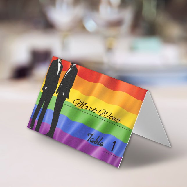 Elegant Modern Gay Men Wedding Rainbow Place Cards (Creator Uploaded)