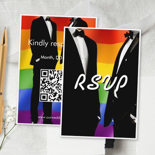 Elegant Modern Gay Men Wedding Rainbow QR Code RSVP Card (Creator Uploaded)
