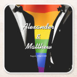 Elegant Modern Gay Men Wedding Rainbow Square Paper Coaster<br><div class="desc">The Gay Men Wedding Elegant Modern collection offers a complete suite of coordinating stationery and accessories designed for two grooms. Two grooms in classic black tuxedos against a vibrant rainbow Pride flag, with bold brush script typography that brings a retro-nostalgic edge to a modern celebration. Every piece is fully customizable...</div>