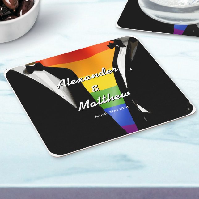 Elegant Modern Gay Men Wedding Rainbow Square Paper Coaster (Creator Uploaded)