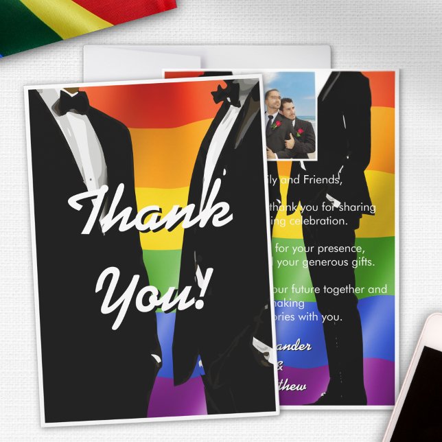 Elegant Modern Gay Men Wedding Rainbow Thank You Card (Creator Uploaded)