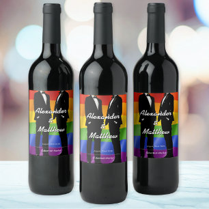 Elegant Modern Gay Men Wedding Rainbow Wine Label