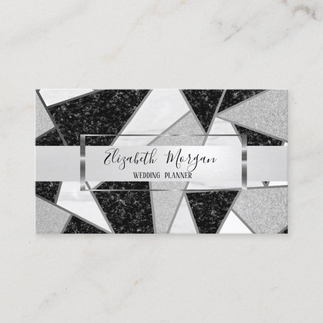 Elegant Modern Geometric Marble, Silver Frame Business Card (Front)