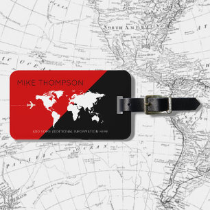 elegant, modern & geometric red black world travel luggage tag