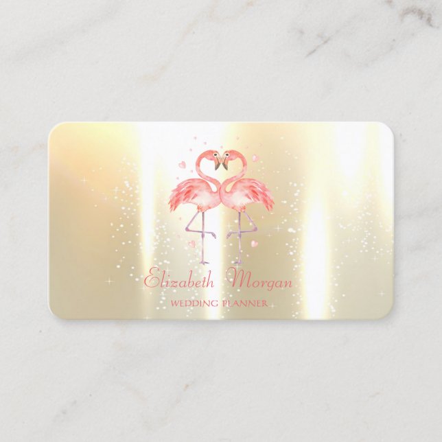 Elegant Modern Girly Funny, Flamingos Hearts Business Card (Front)