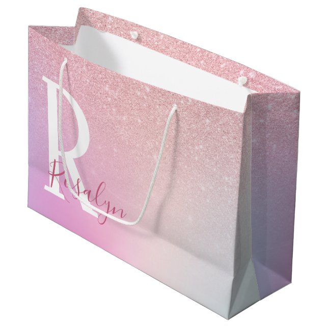 Elegant modern girly ombre pink rose gold glitter large gift bag (Front Angled)