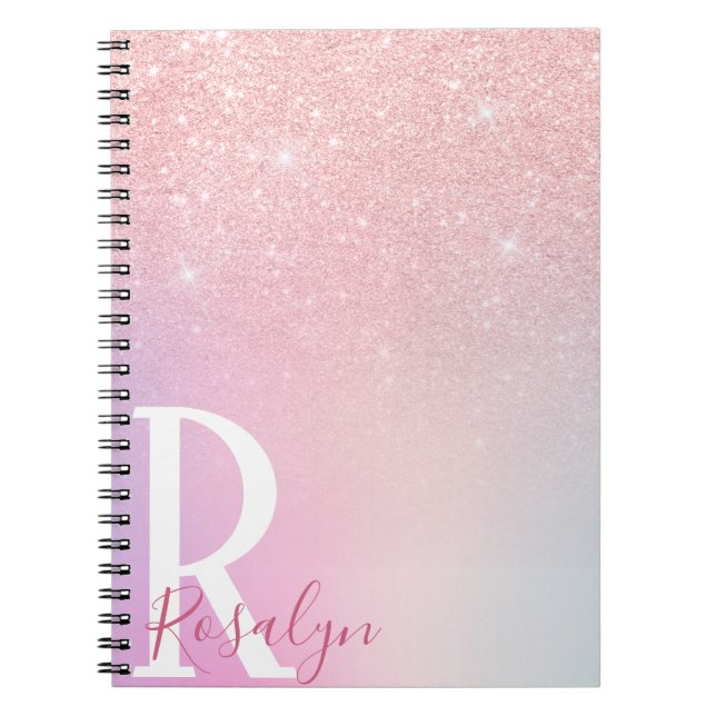 Elegant modern girly ombre pink rose gold glitter notebook (Front)