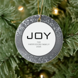 Elegant Modern Glitter Joy Christmas Family Photo Ceramic Tree Decoration
